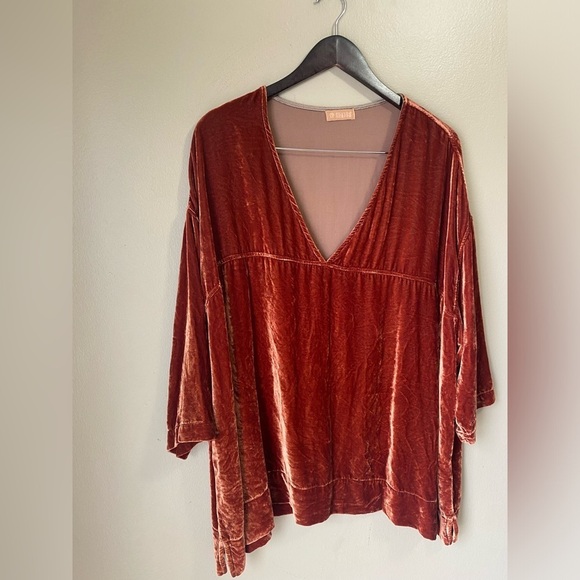 Free People CP Shades Crushed Velvet Boho Slouchy Deep V Mini T Shirt Dress - Picture 3 of 11